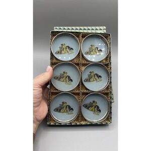 Vintage Rare Set Of 6 Coasters Silver Edging Depicting 3 Small Dogs In Orig‎ Box